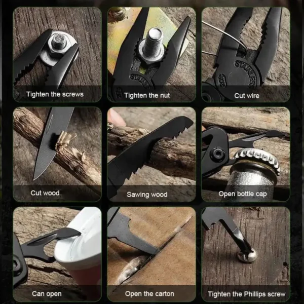 Multi-tool functions collage showing nine different tasks: tighten screws, tighten nut, cut wire, cut wood, saw wood, open bottle cap, can open, open carton, tighten Phillips screw.