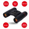 Compact black binoculars with orange lenses, featuring highlighted benefits.